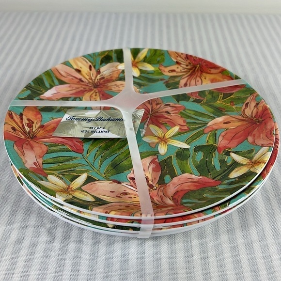 Tommy Bahama Melamine Dinner Plates 11" Hibiscus Tropical Flowers Set Of 4 NEW - Picture 4 of 4